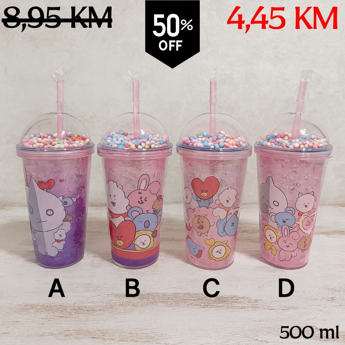 Roza-ljubičasti BT21 tumbler 500 ml s poklopcem i slamkom