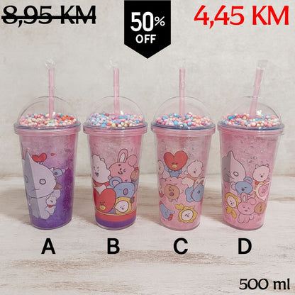 Roza-ljubičasti BT21 tumbler 500 ml s poklopcem i slamkom