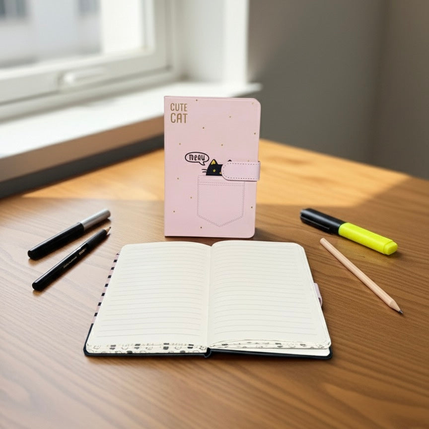 Slatki mačji rokovnik s magnetom A5, ružičast s bijelim točkicama