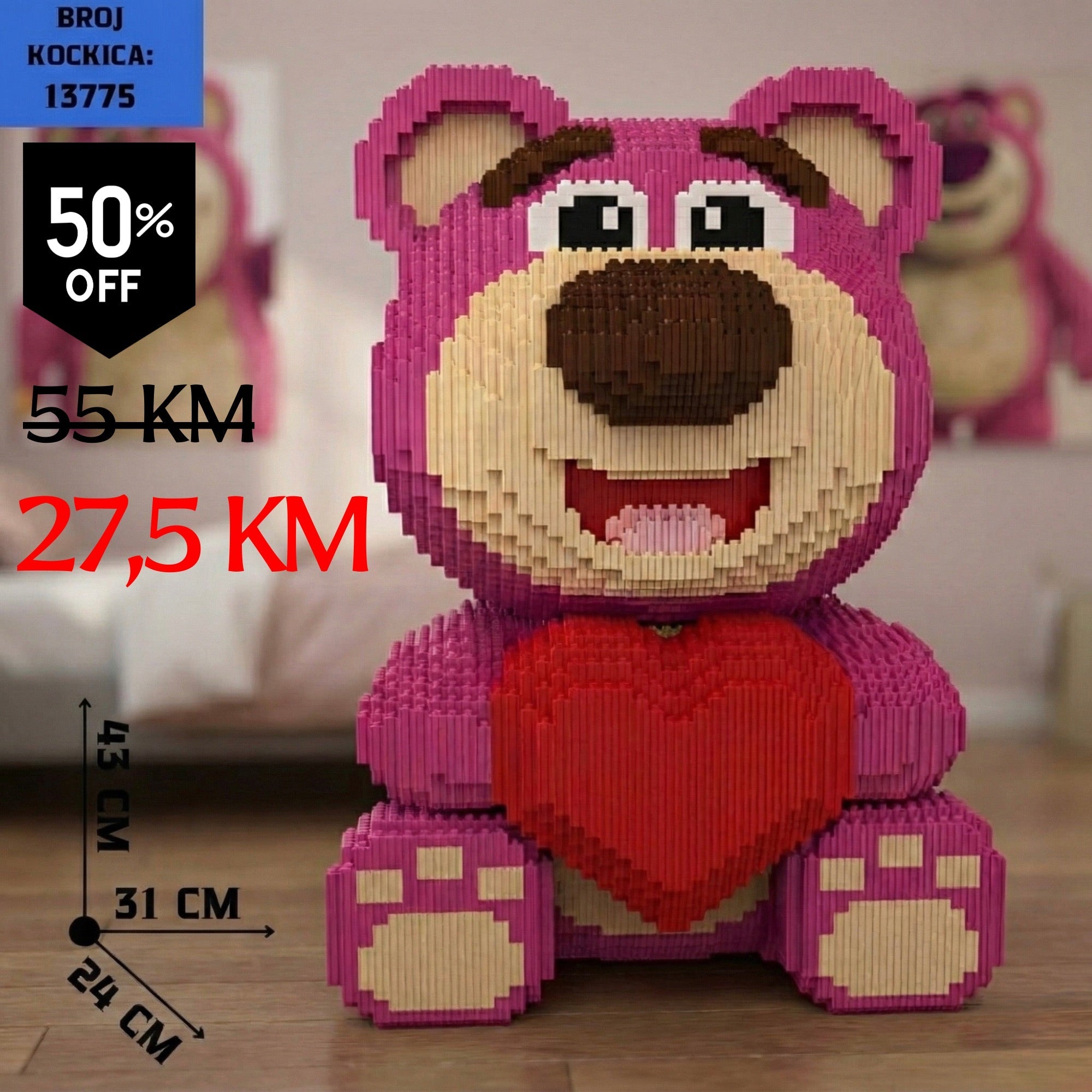 Roza LEGO Lotso medvjed drži crveno srce, 13775 kockica