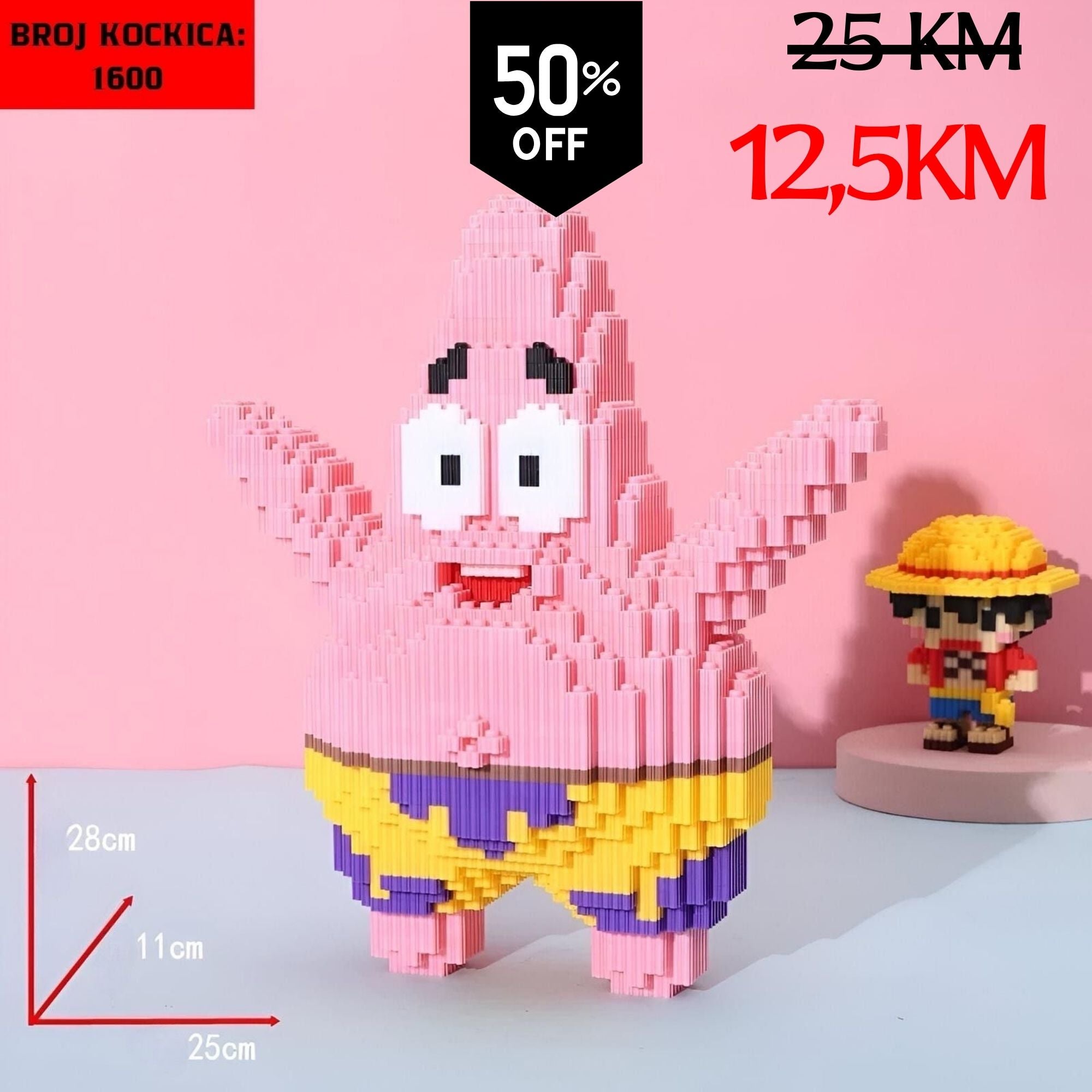 Roza pikselirana Patrick Star figurina od 1600 kockica LEGO