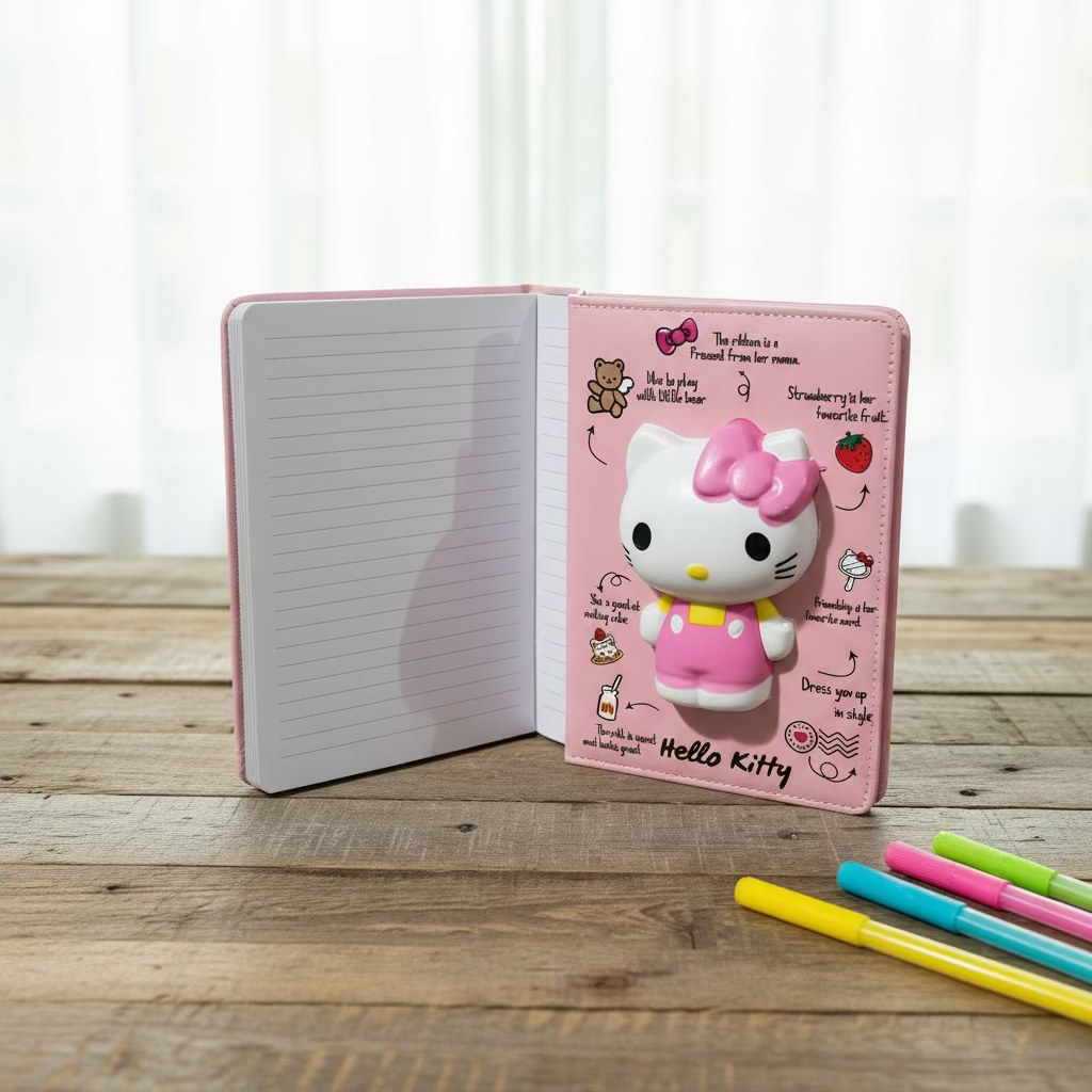Rožnati Hello Kitty squishy rokovnik A5 s bijelim stranicama i šarenim olovkama