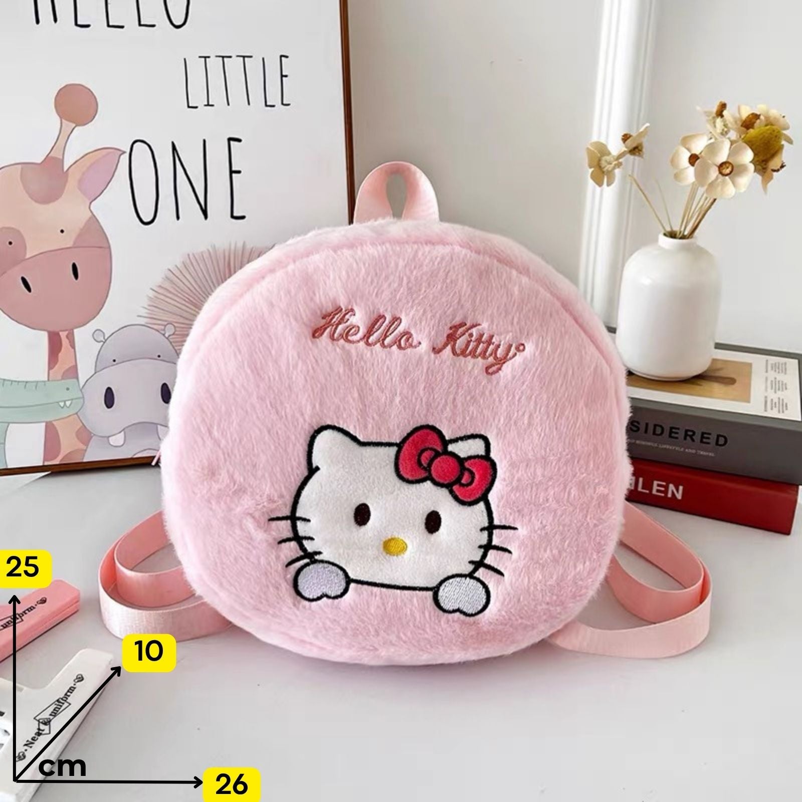 Ružičasti mekani hello kitty ruksak s vezenim licem i crvenom mašnom za svakodnevnu upotrebu