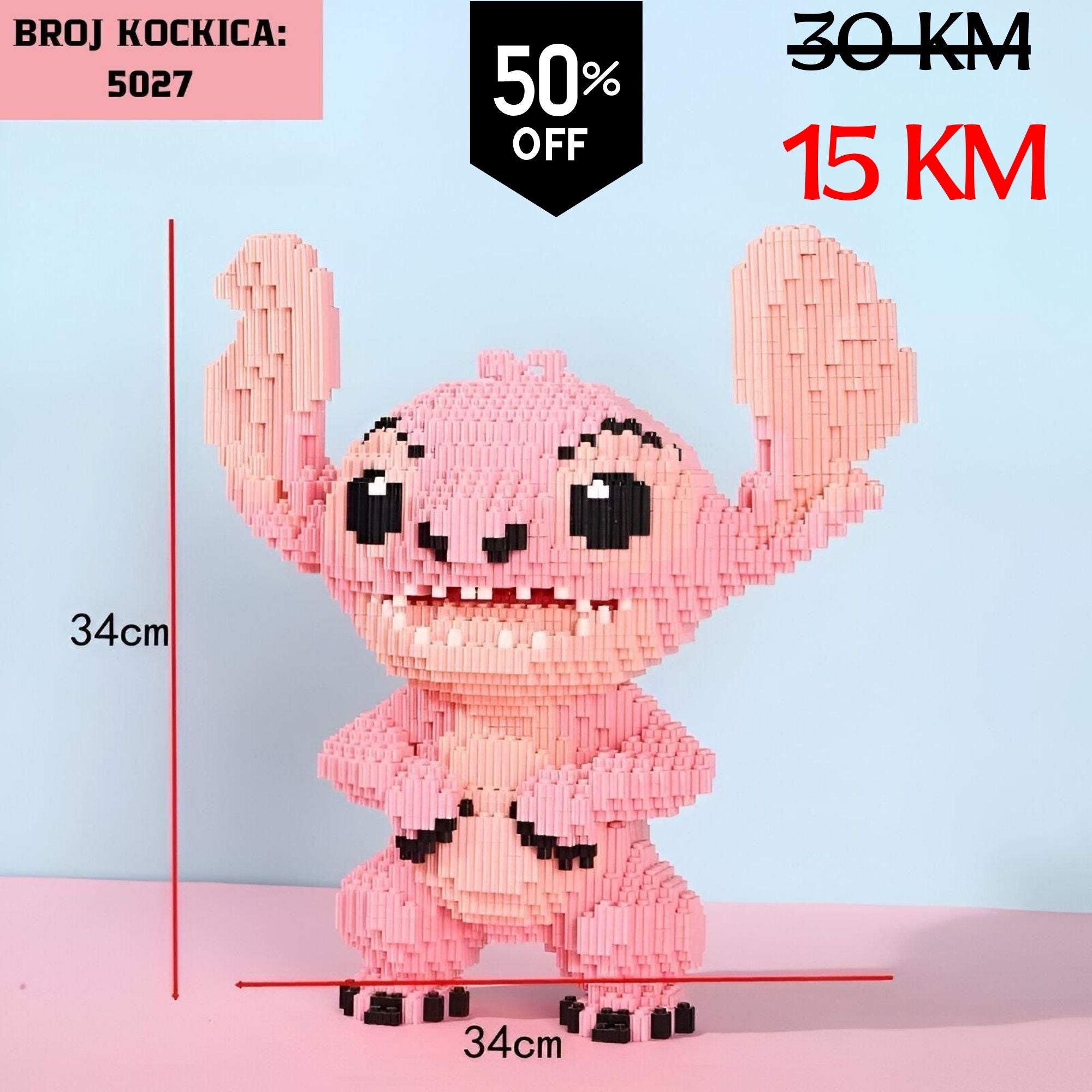 Roza figurina Stitcha od spojivih plastičnih kockica, model 5027, STITCH LEGO (2508)