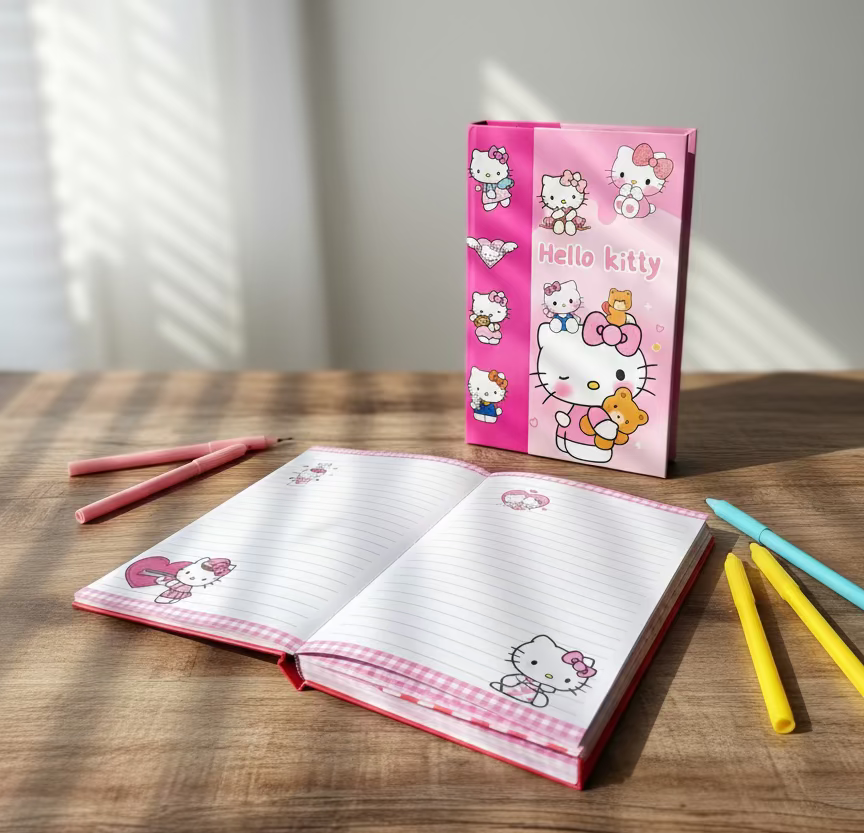 Ružičasti Hello Kitty rokovnik A5 s bijelim stranicama i crvenim obrubom