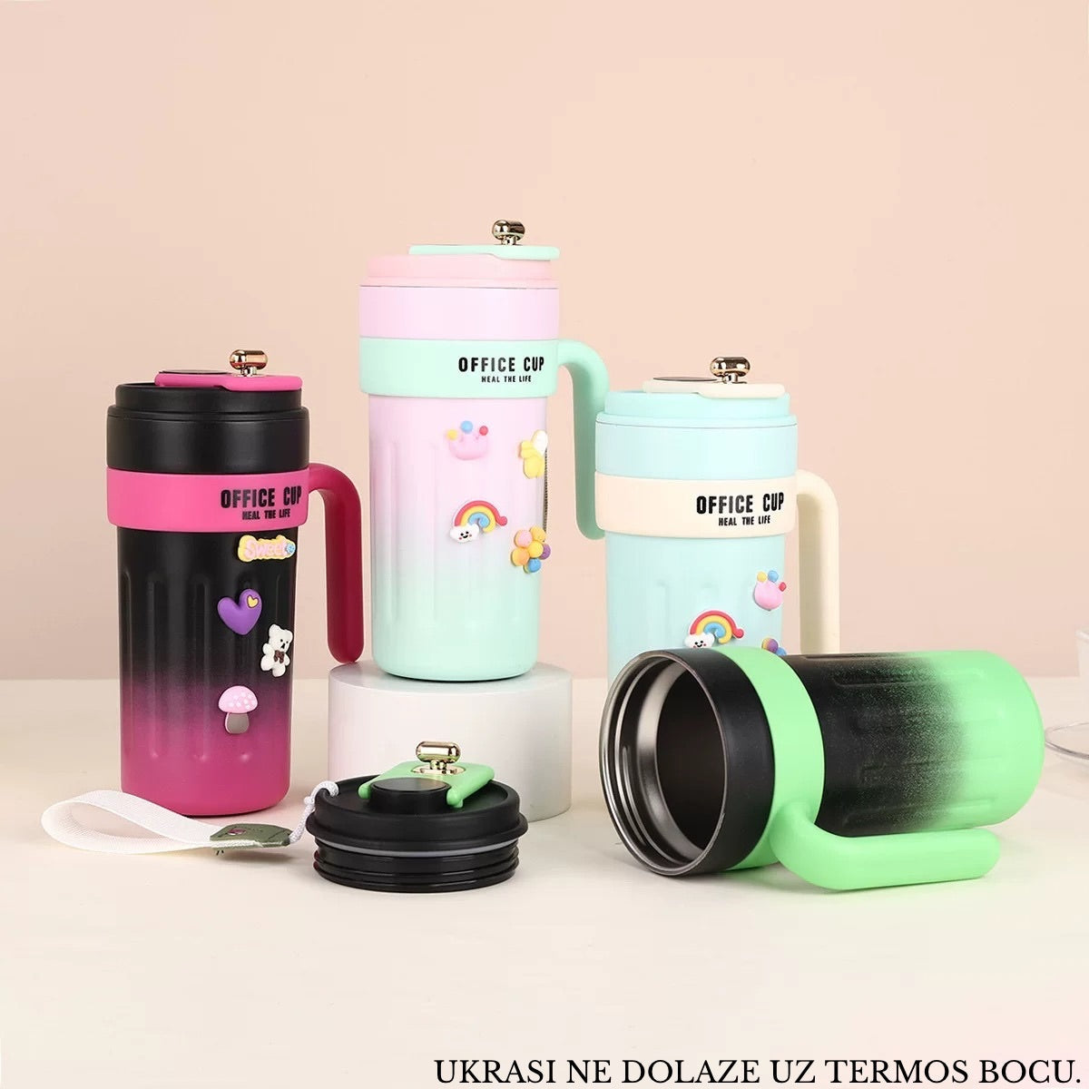 Roza tematska termos čaša od nehrđajućeg čelika s rogom i poklopcem (650 ml)