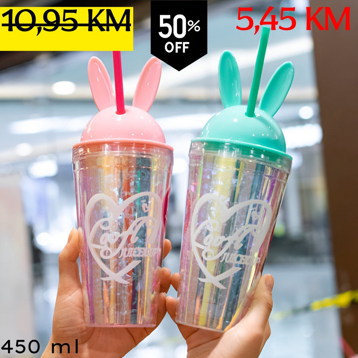 Roza i tirkizna zajačka tumbler čaša RABBIT FLAŠA s iridescentnim tijelom i naljepnicama srca