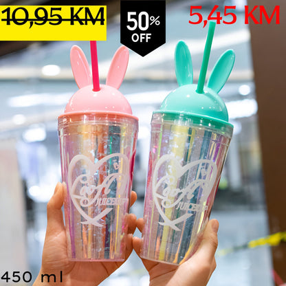Roza i tirkizna zajačka tumbler čaša RABBIT FLAŠA s iridescentnim tijelom i naljepnicama srca