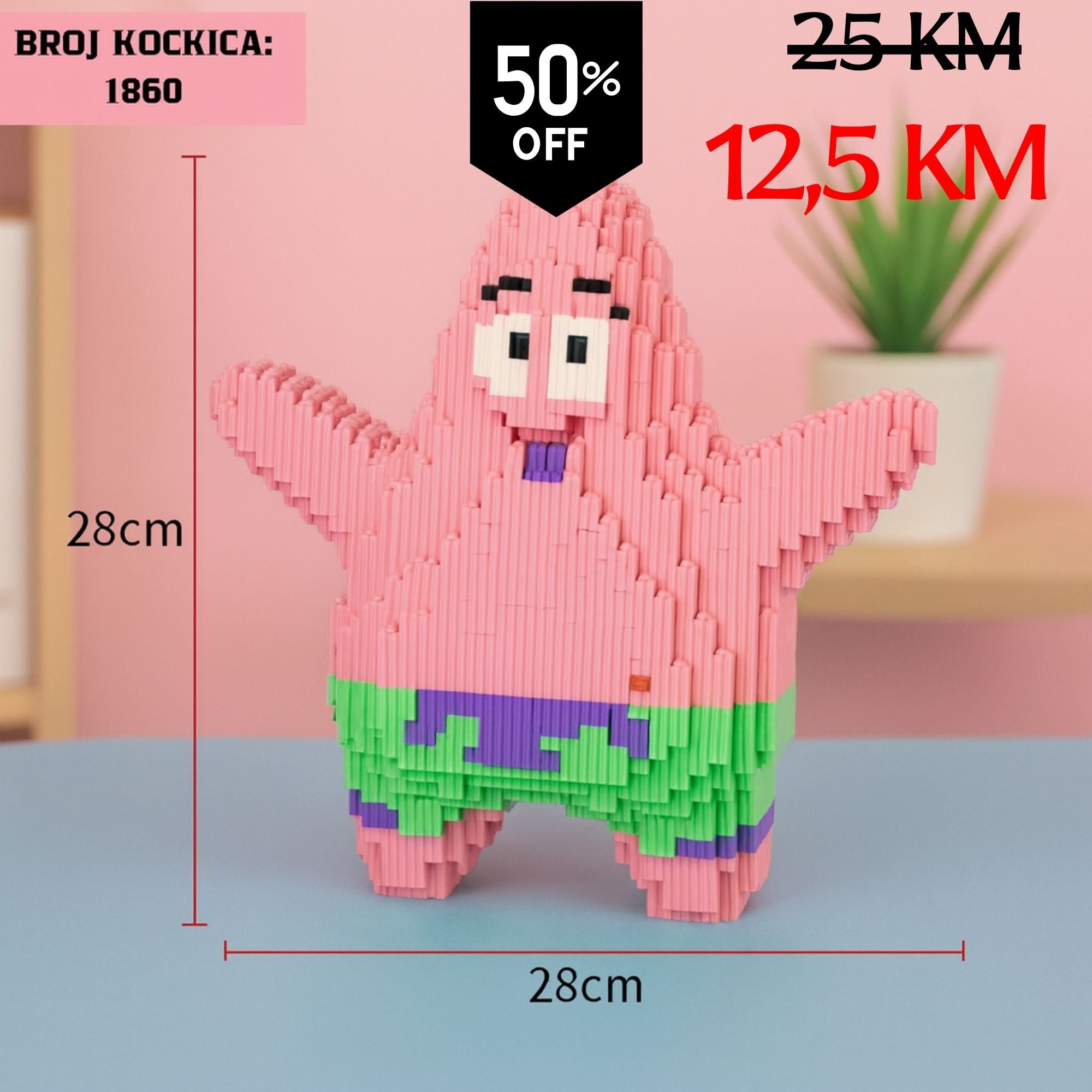 Roza Patrick Star Lego figura od 1860 kockica s zelenim i ljubičastim naglascima