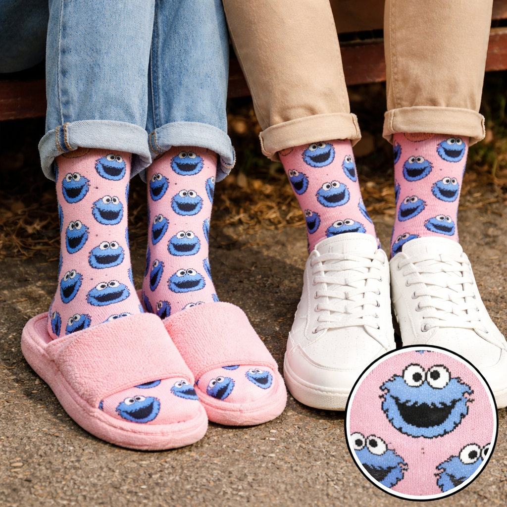 Roze čarape COOKIE MONSTER s ponavljajućim uzorkom plavih lica