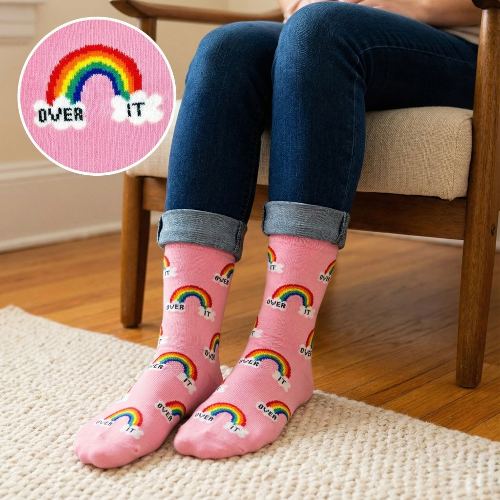 Ružičaste over it pink čarape s rainbow dizajnom i Over It tekstom