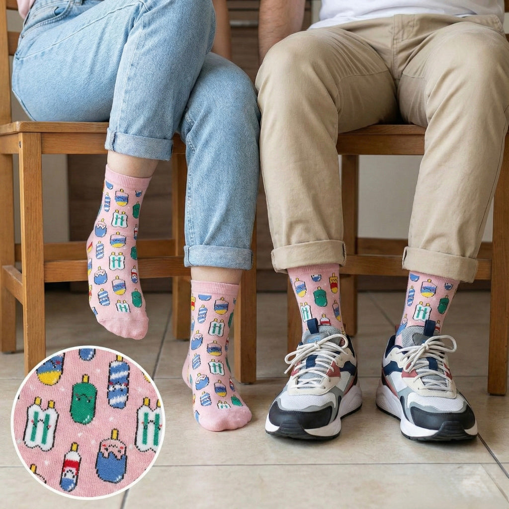 Roze čarape ICE CREAM s pikseliranim dizajnom sladoleda i boca