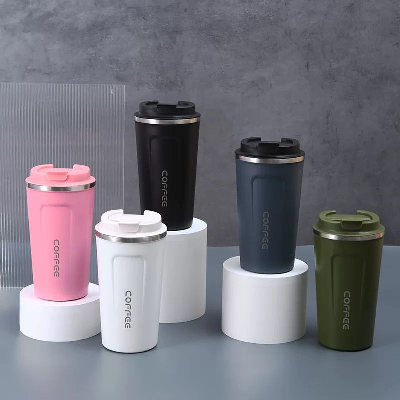 Pink, crni, bijeli i maslinasto zeleni izolirani travel mugs od nehrđajućeg čelika s rubom od srebra i coffee brendingom