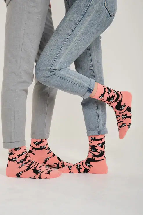 Matching pink socks with crnim mačkama - PINK CATS ČARAPE for cat lovers