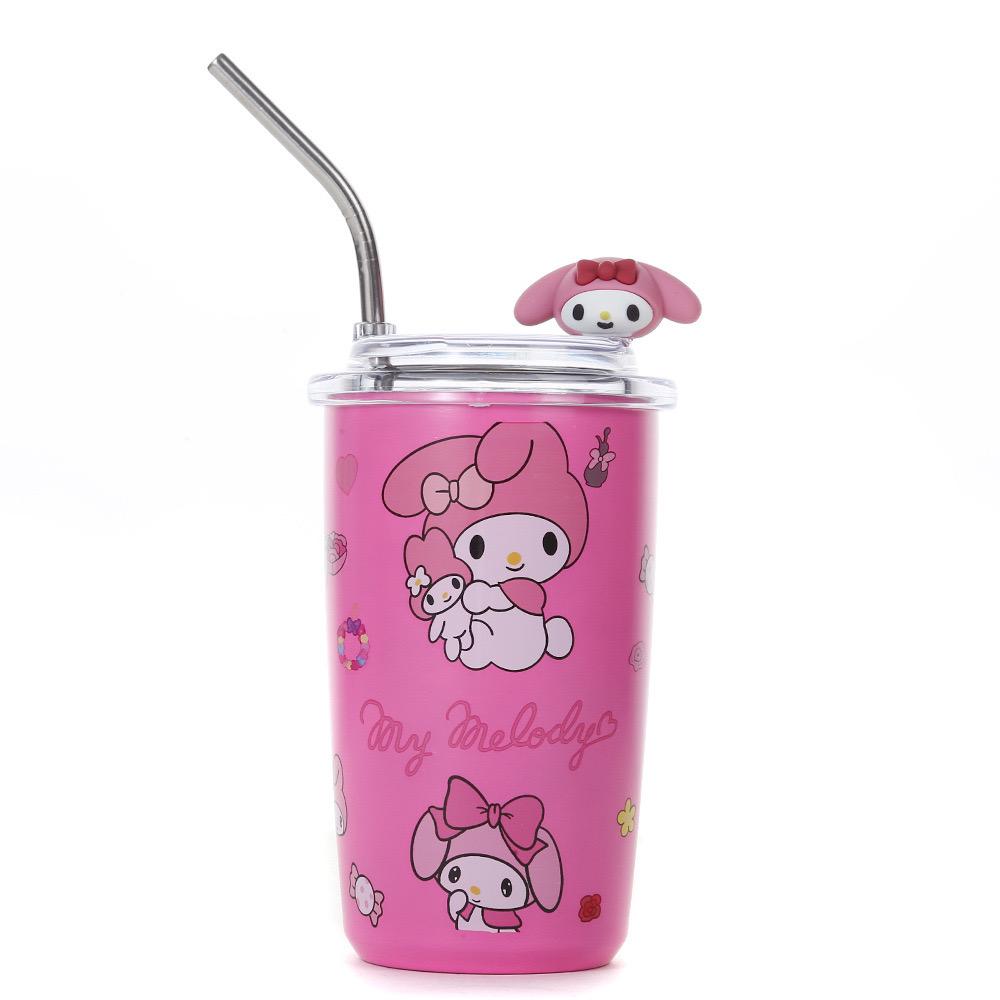 Pink My Melody tumbler with straw in a stainless steel design for stylish hydration