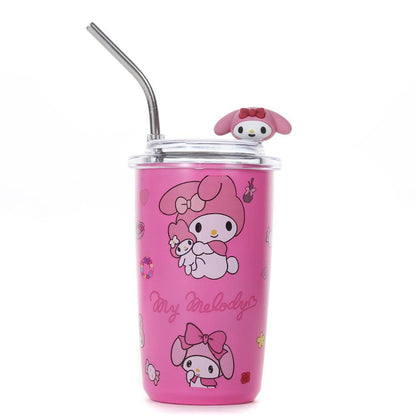 Pink My Melody tumbler with straw in a stainless steel design for stylish hydration