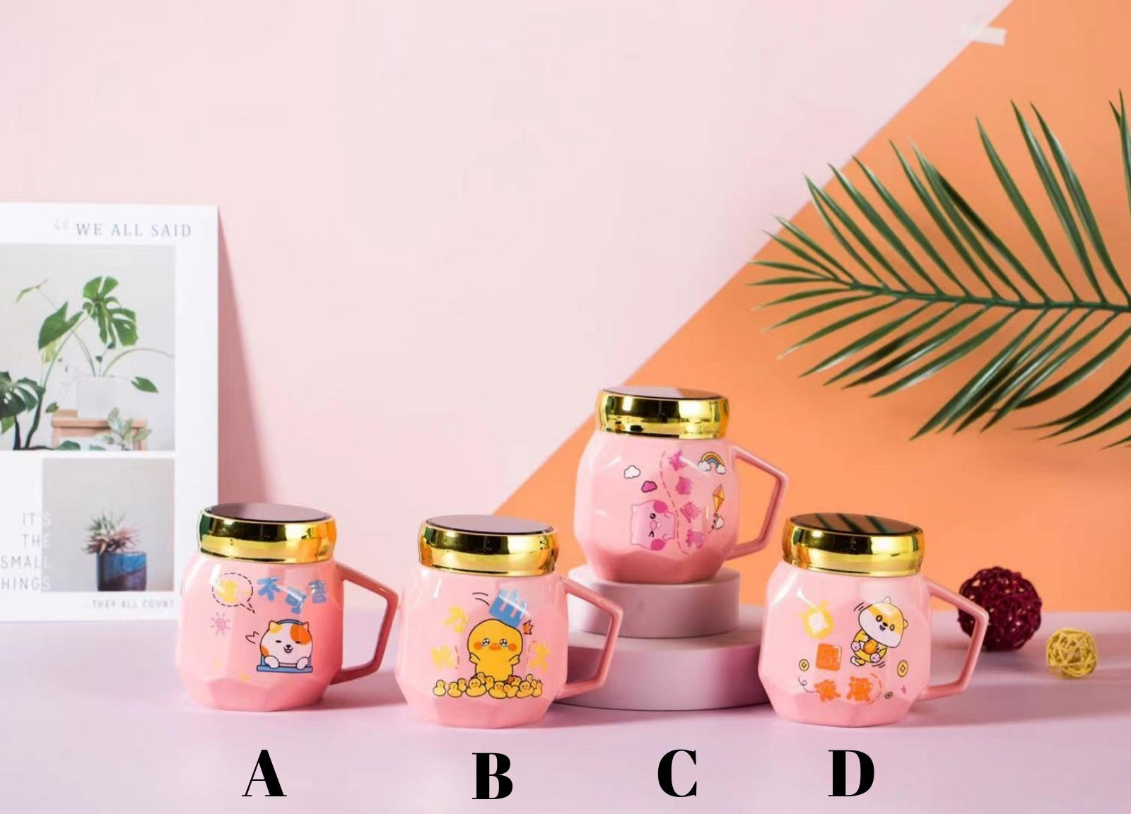 Četiri roza keramičke šolje s zlatnim poklopcem iz ROZA KERAMIČKA ŠOLJA + POKLOPAC