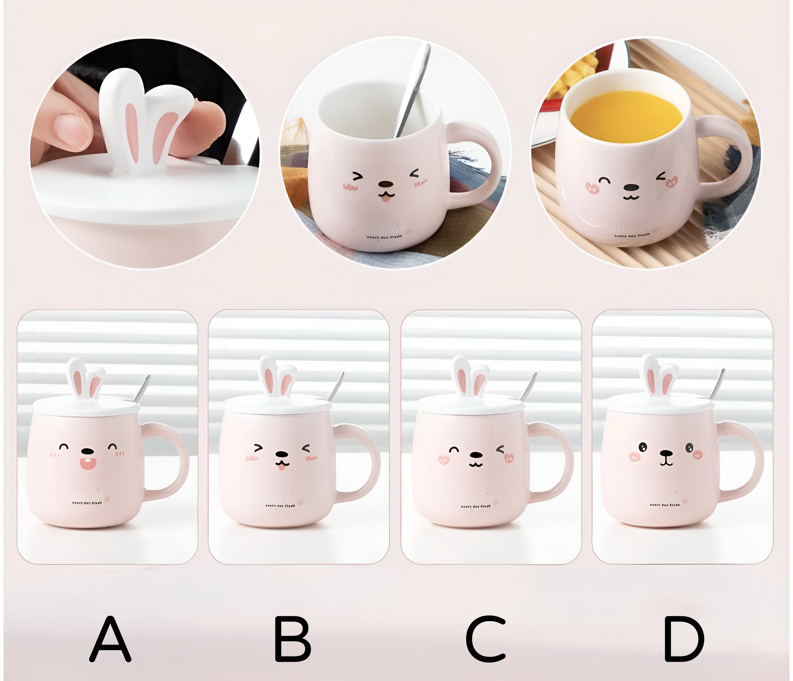 Pink mačka keramička šolja set s kašikom i poklopcem za čaj