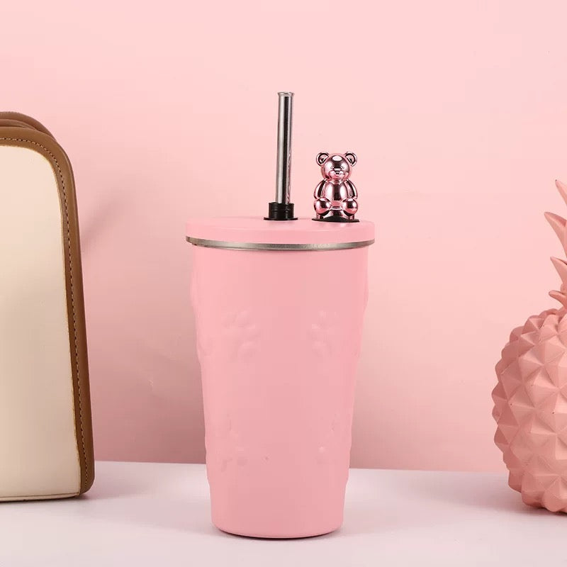 Pink termos čaša s slamkom i medvjedom od nehrđajućeg čelika