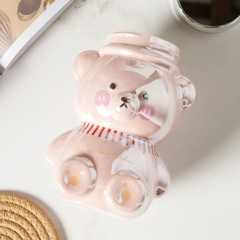 Pink transparent Medo keramička čaša +poklopac s šeširom i šalom