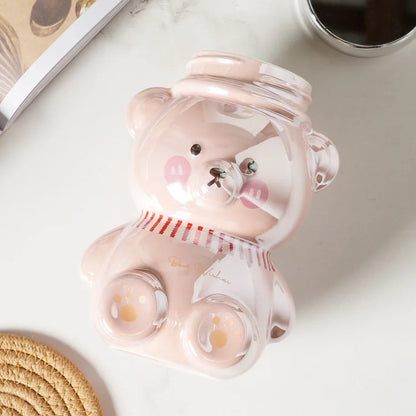Pink transparent Medo keramička čaša +poklopac s šeširom i šalom