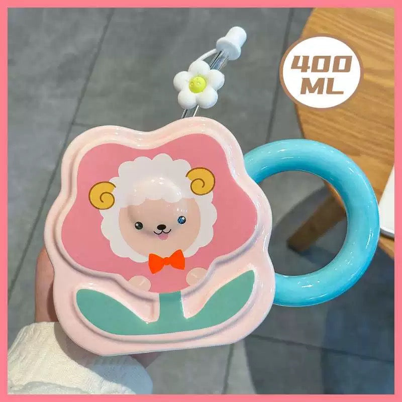 Pink sheep keramička šolja sa slamkom i plavom drškom, idealna za keramički set čajnik