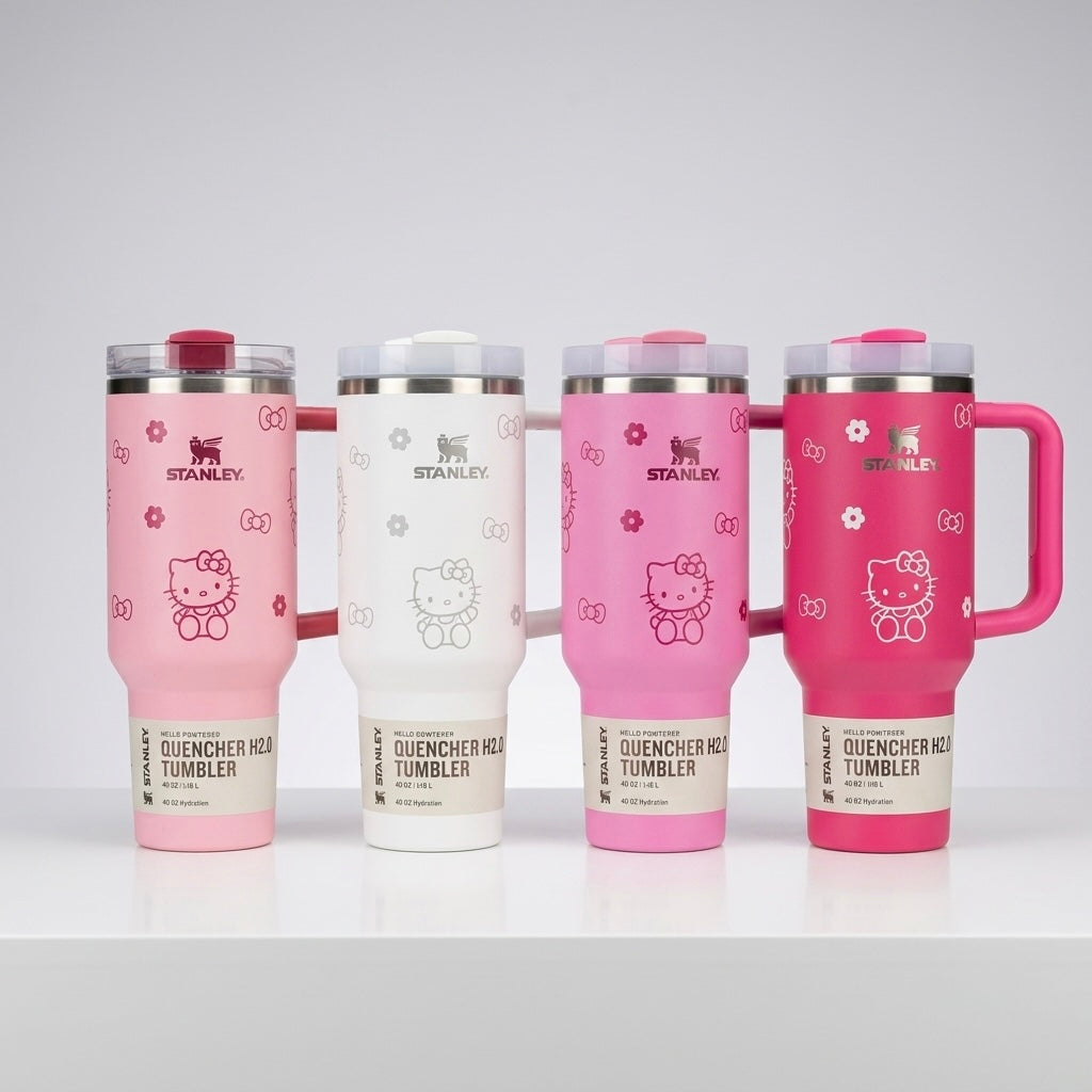 Stanley x hello kitty boca quencher h2.0 tumblers 40 oz ružičasti i bijeli s cvjetnim uzorcima i izoliranim čeličnim tijelom