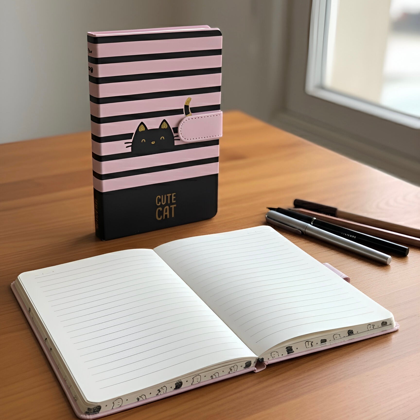 Slatki mačji rokovnik s magnetom A5, ružičasto-crni, zlatni detalji