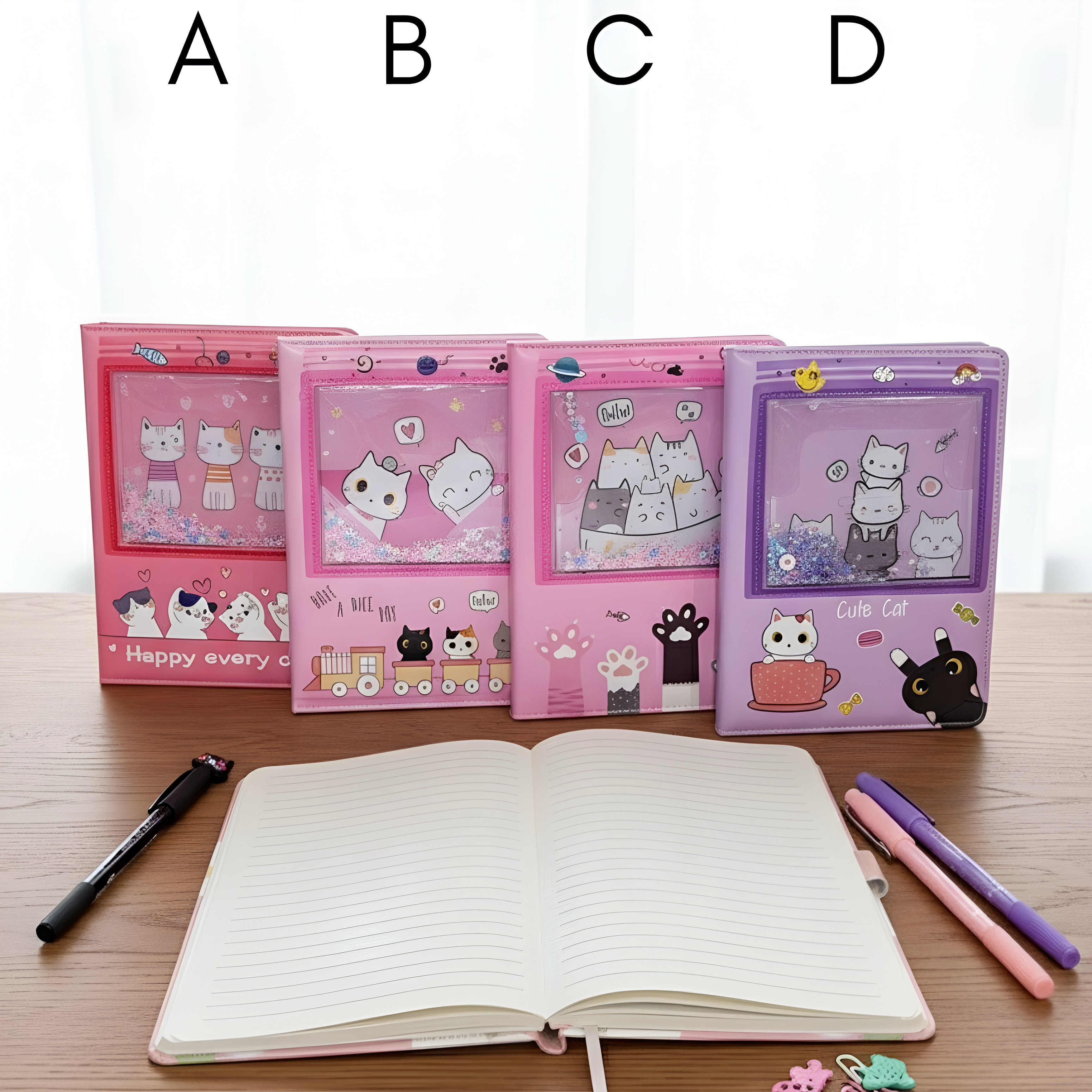 Roze i ljubičaste mačkaste bilježnice MAČKA ROKOVNIK A5 s džepovima i olovkama