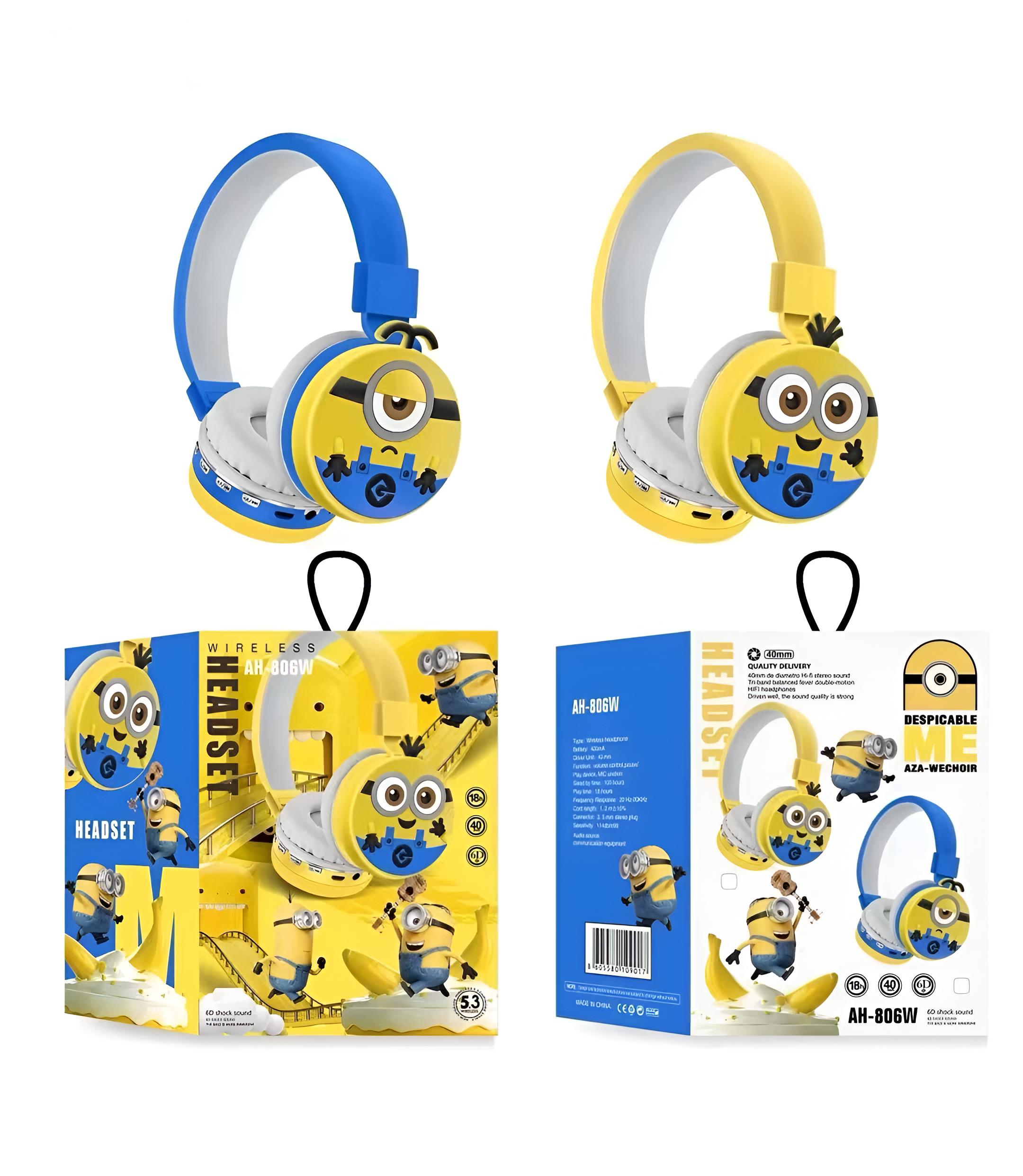 Minion-themed wireless headphones with packaging in blue color displayed