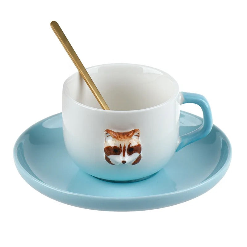 Raccoon-themed keramička šolja set s podmetačem i kašikom za ljubitelje životinja