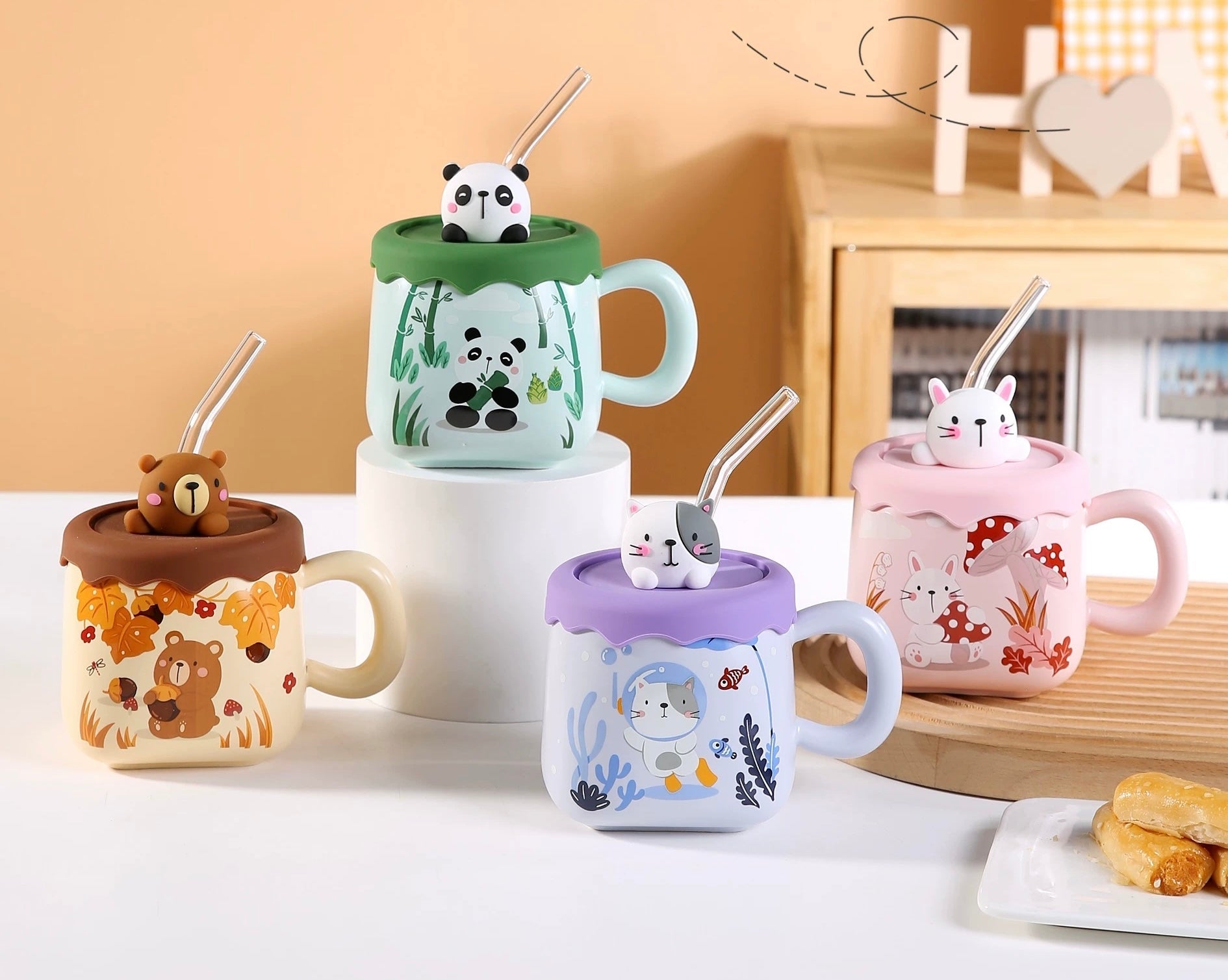 Animal-themed keramički set čajnik s Panda mačka keramičkom šoljom, poklopcem i slamkom