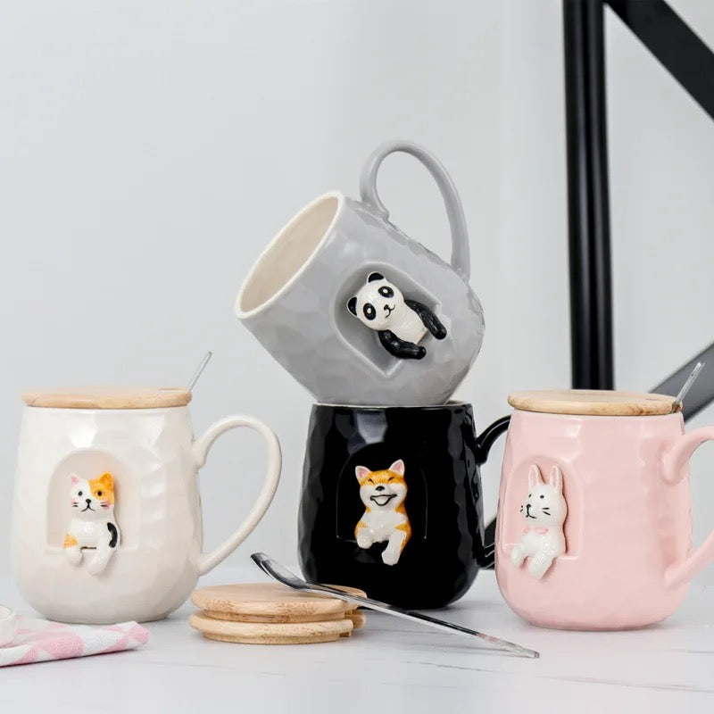Animal-themed keramička šolja set s kašikom i poklopcem za ljubitelje životinja