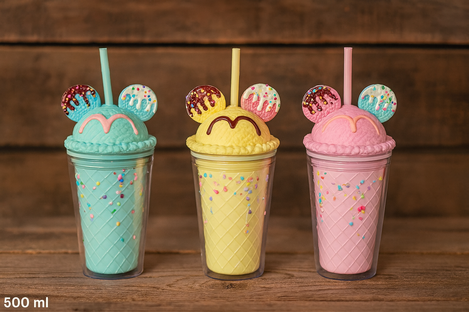 Mickey Mouse tematske šalice za milkshake u pastelnim bojama s posipom i slamkama, latte chocolate flaša