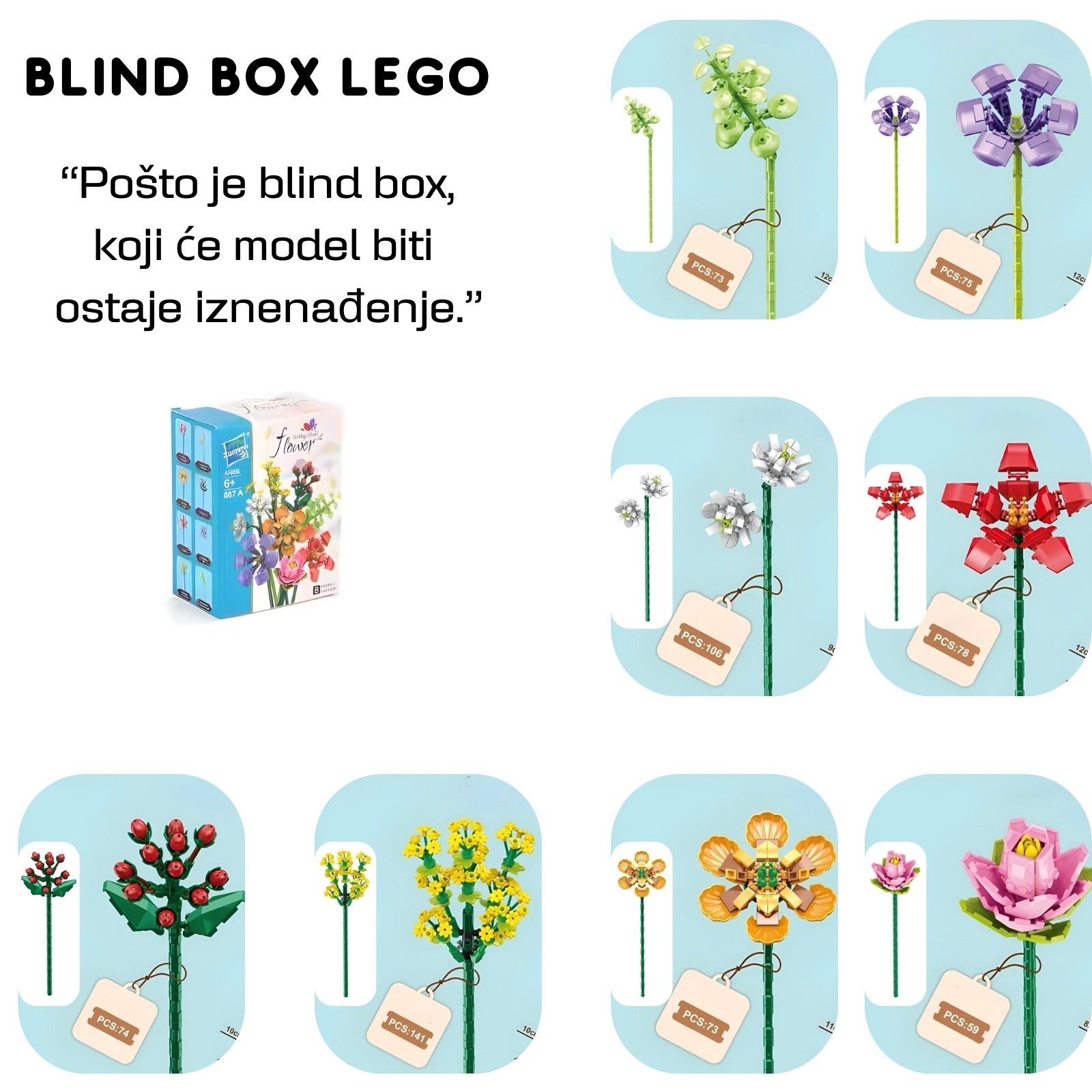 Lego botaničko cvijeće blind box setovi s šarenim plastičnim cvjetnim dizajnima u zelenoj, ljubičastoj, crvenoj i žutoj boji