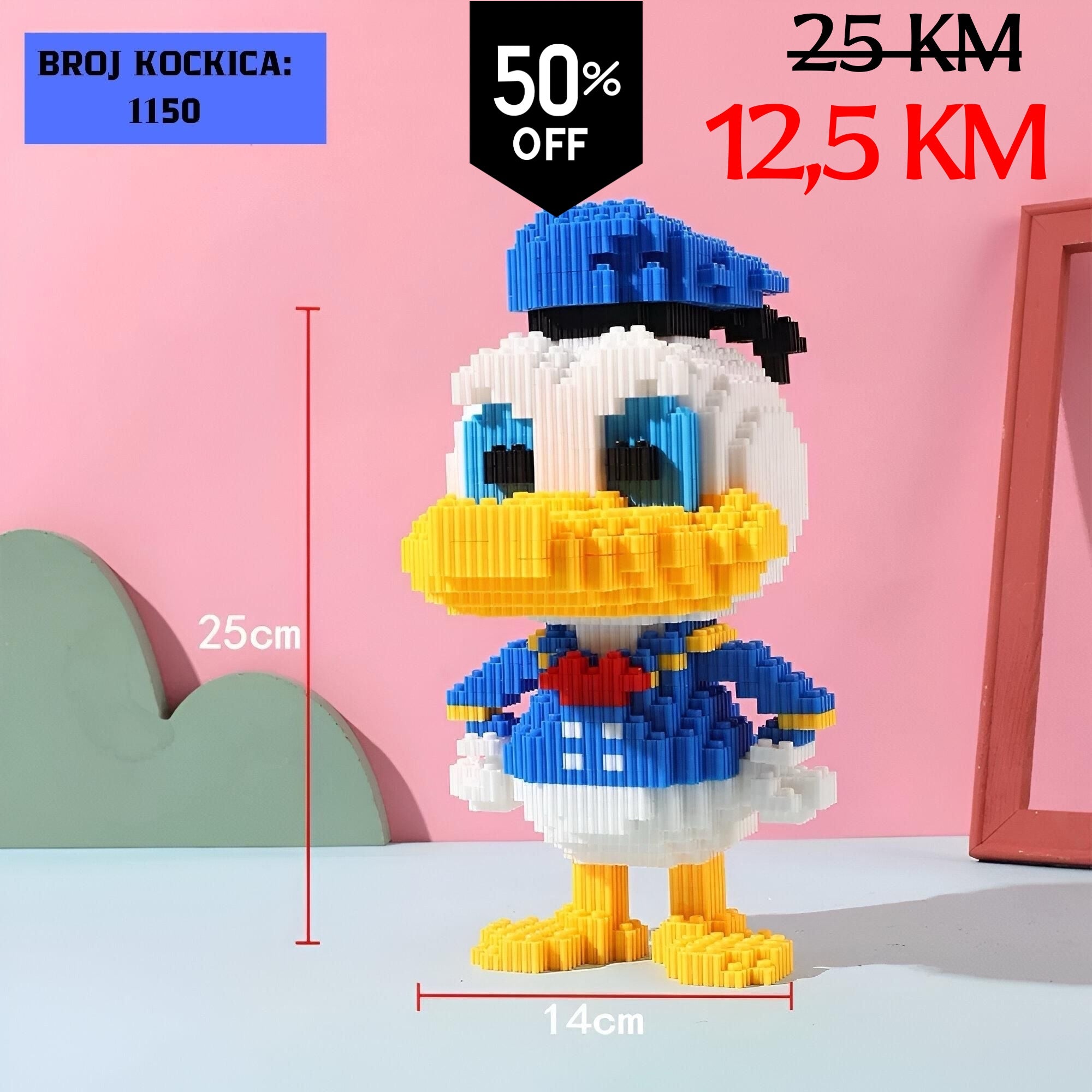 Šareni pikselirani Donald Duck LEGO lik od 1150 kockica u plavoj, bijeloj, žutoj i crvenoj boji