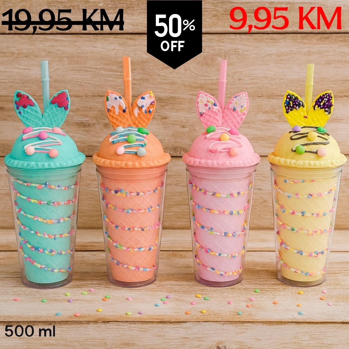Četiri šarene 500 ml izolirane boce Latte Candy Flaša s bunny ušnim poklopcima i rainbow sprinklesima