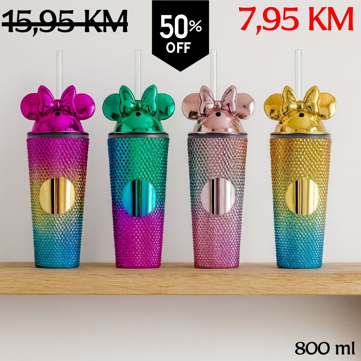 Četiri šarene tumbler čaše s Minnie Mouse poklopcima i slamkama
