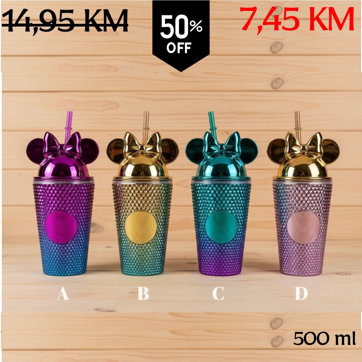 Četiri šarene 500 ml tumblere s poklopcima u ušima Minnie Mouse i slamkama