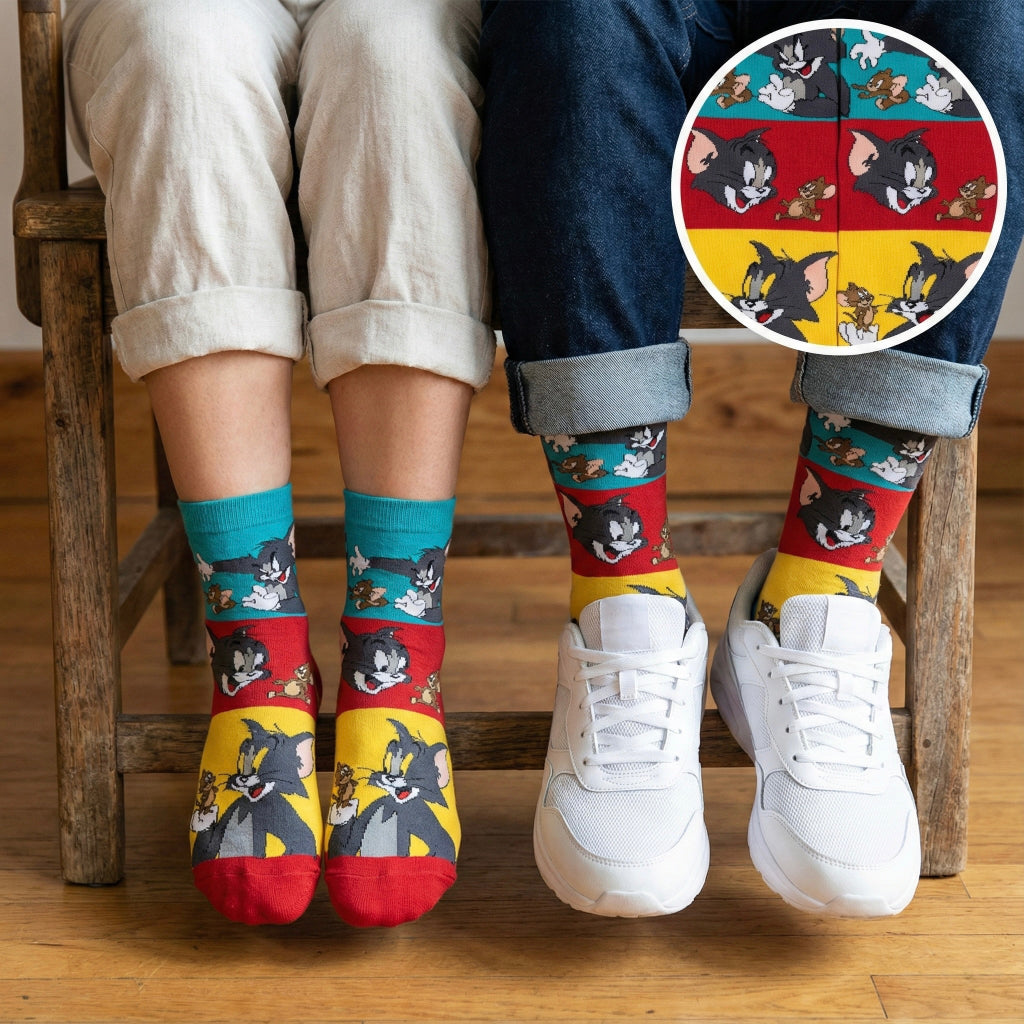 Boje Tom i Jerry čarape s crvenim, žutim i tirkiznim prugama i crtanim likovima