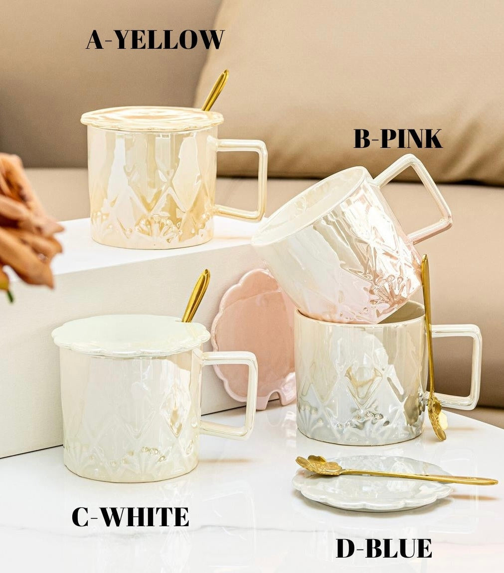 Iridescent keramička šolja set s poklopcima i kašikama, Vintage Keramička Šolja Set