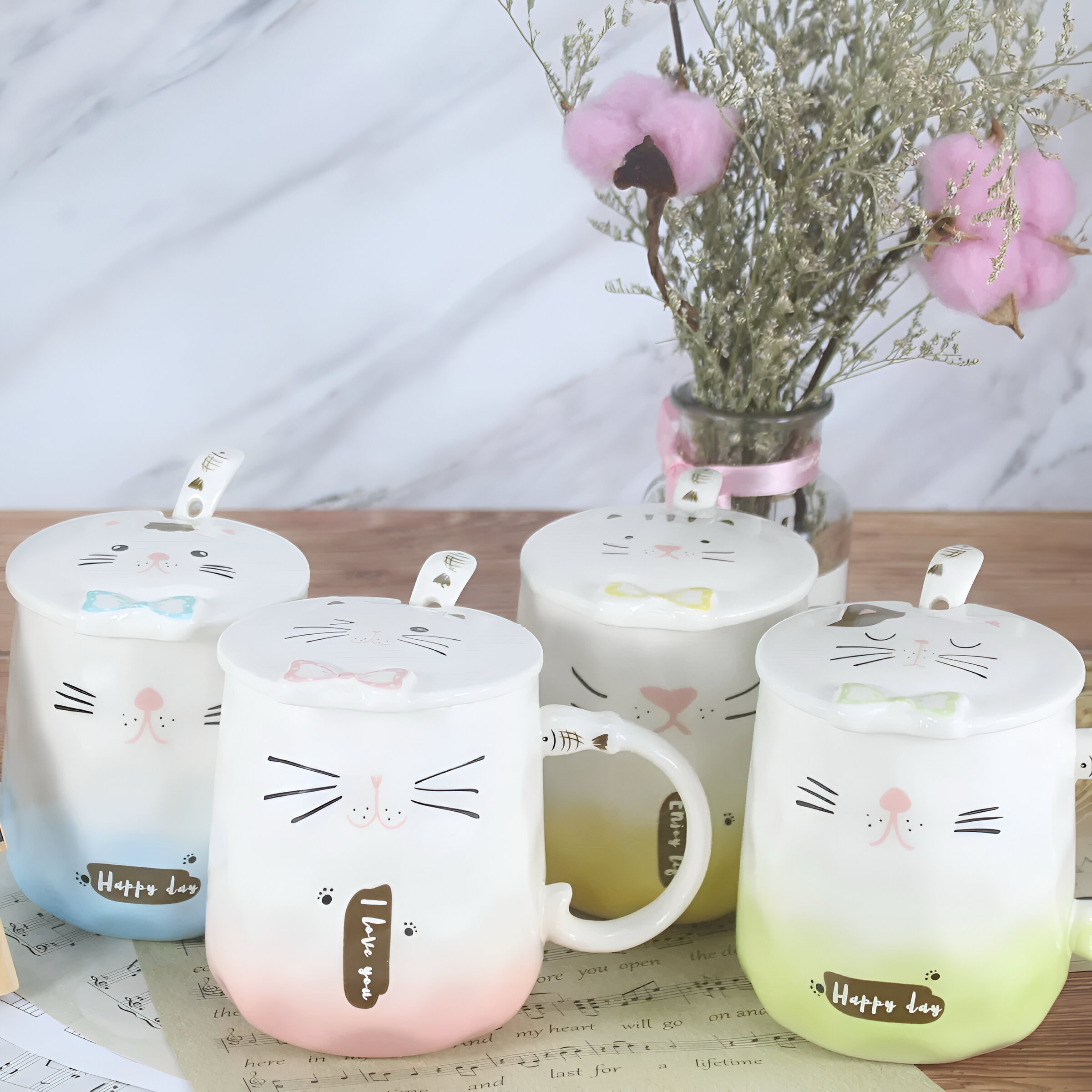 Colorful mačka keramička šolja set s poklopcem i kašikom za savršeno uživanje