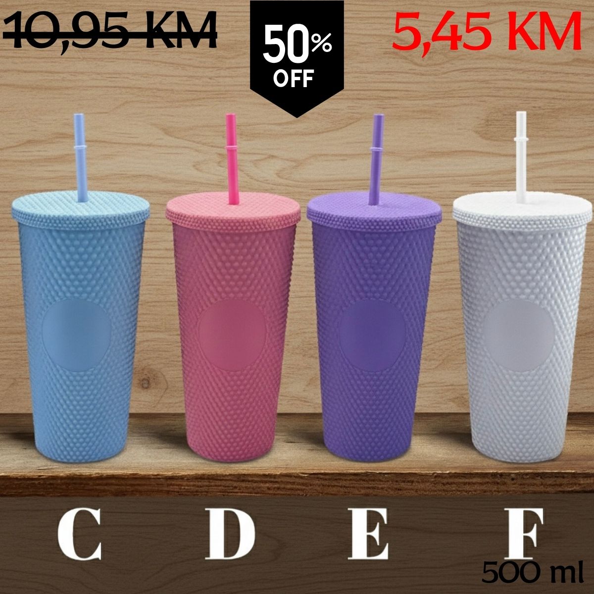 Četiri šareni teksturirani tumbleri 500 ml s cijevi u plavoj, ružičastoj, ljubičastoj i bijeloj boji