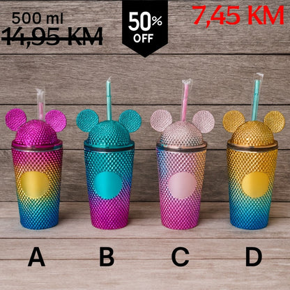 Četiri šareni teksturirani gradient tumbleri s poklopcima u ušima Mickeyja i slamkama