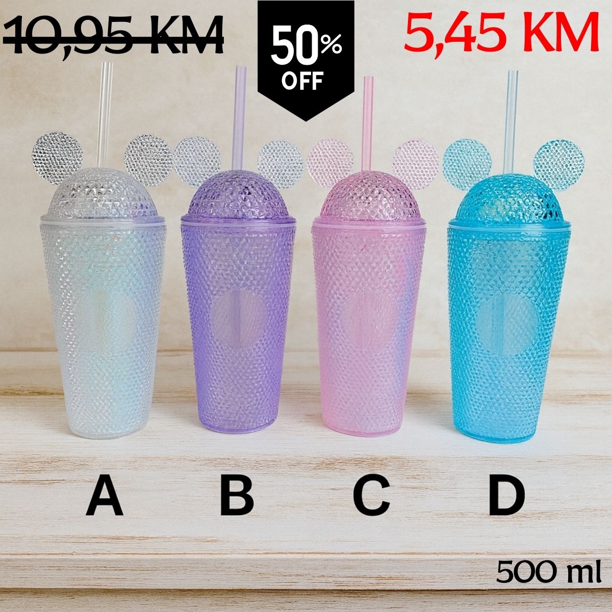 Četiri šarene teksturirane flaše MICKEY FLAŠA od 500 ml s dijamantskim poklopcima i slamkama