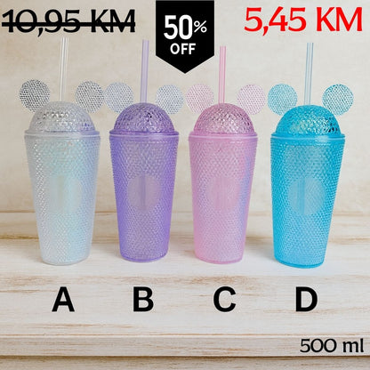 Četiri šarene teksturirane flaše MICKEY FLAŠA od 500 ml s dijamantskim poklopcima i slamkama