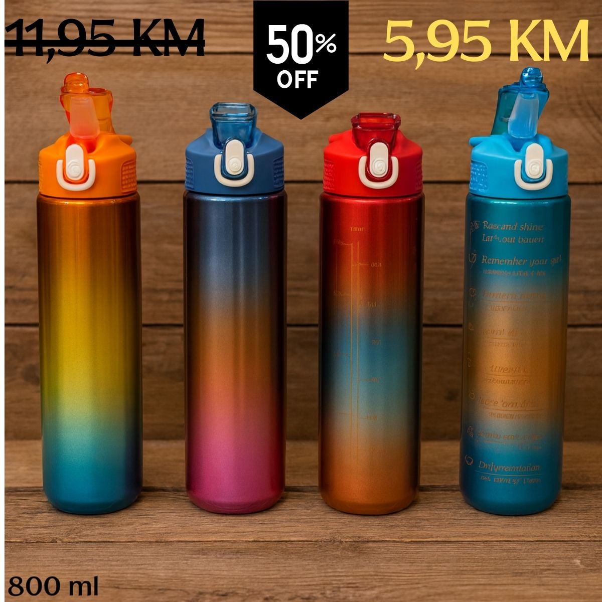 Četiri šareno gradientne sportske boce SPORTSKA FLAŠA, 800 ml s poklopcima