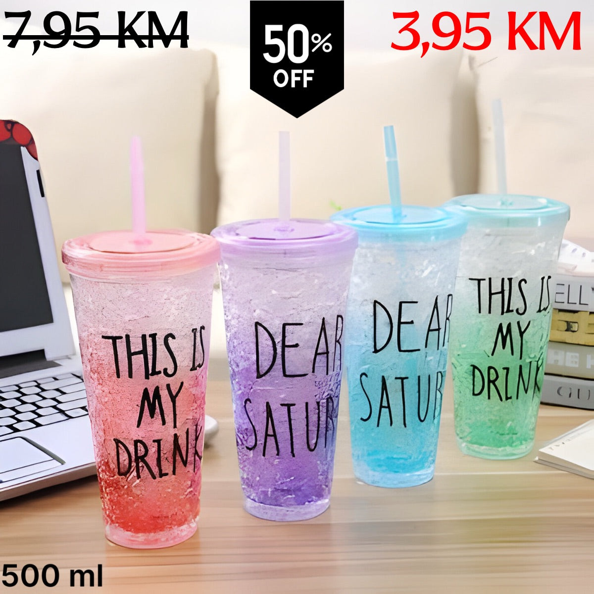 Četiri prozirne 500ml ICE CUP FLAŠA tumblere u gradient bojama: ružičasta-narandžasta, ljubičasta, plava i zelena, s poklop