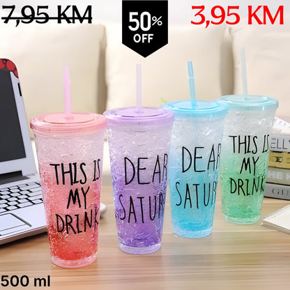 Četiri prozirne 500ml ICE CUP FLAŠA tumblere u gradient bojama: ružičasta-narandžasta, ljubičasta, plava i zelena, s poklop