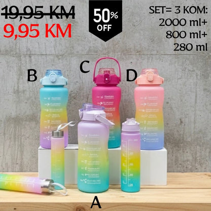 Set trobojitnih gradijentnih sportske flaša s prozirnim plastičnim tijelima i poklopcima